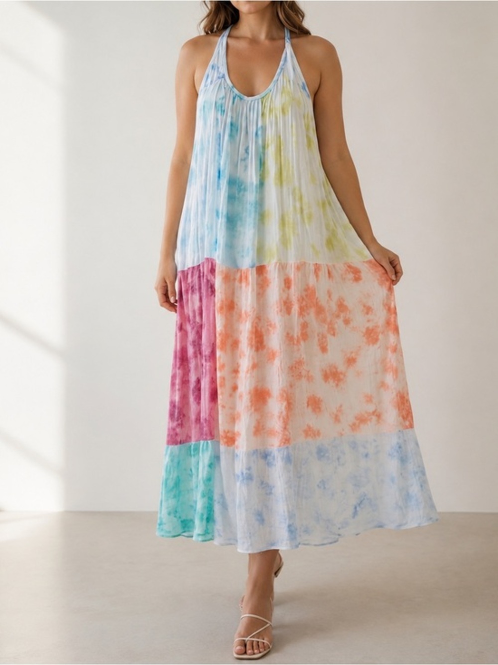 Hache Multicolor Silk Halter Watercolor Boho Luxe Whimsical Maxi Dress